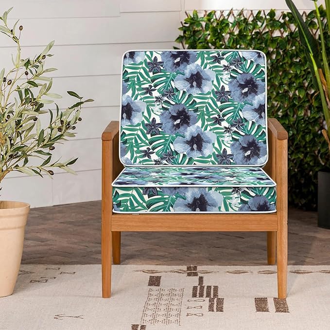 LVTXIII Patio Chair Cushions 22"x22"x3", Water-Repellent Outdoor Seat Cushions for Patio Furniture, Square Chair Pads with Ties for Home Garden Decoration, Set of 2, Blue Salmone Tropical-VerdiqueGarden