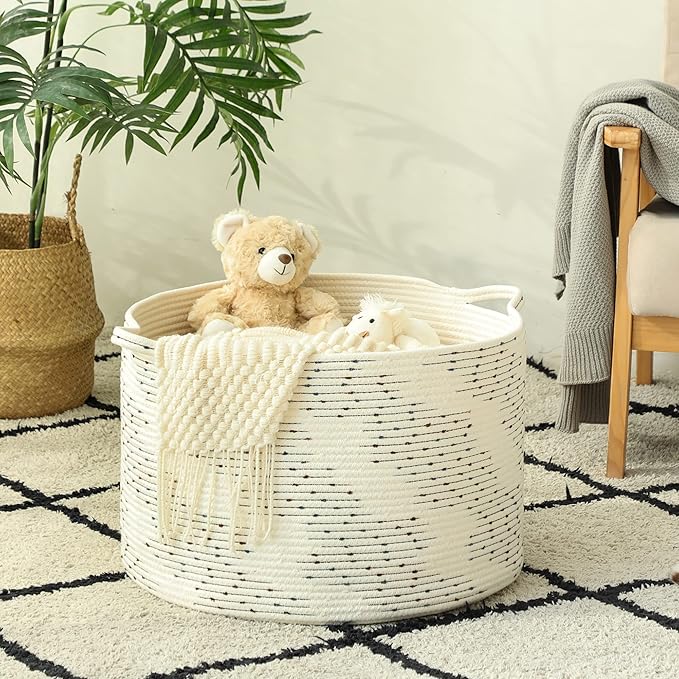 KAKAMAY Large Blanket Basket (20"x13"),Woven Baskets for storage Baby Laundry Hamper，Cotton Rope Blanket Basket for Living Room, Laundry, Nursery, Pillows, Off White with Blue & Brown Dotted Pattern-VerdiqueGarden