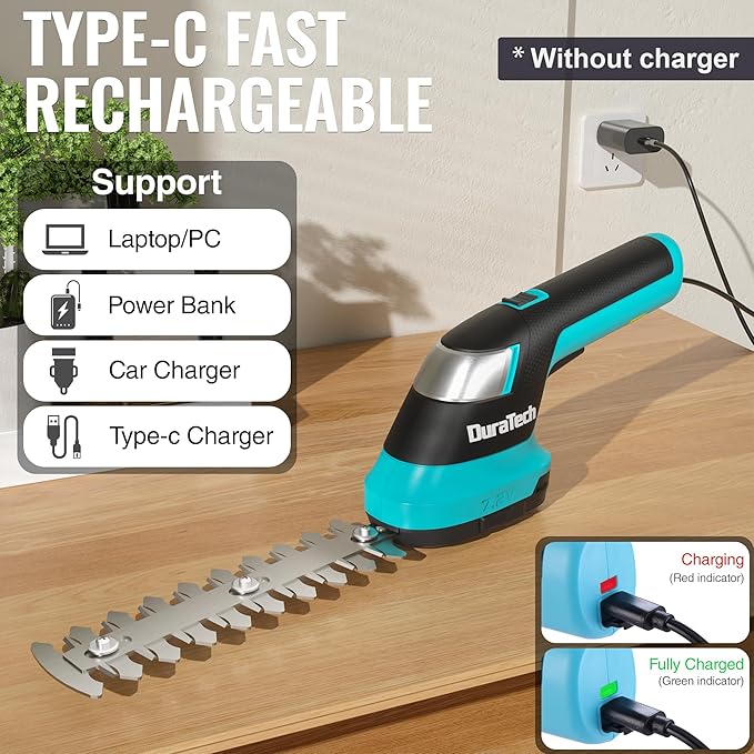 DURATECH Cordless Hedge Trimmer, 7.2V 2-in-1 Handheld Rechargeable Grass Trimmer & Hedge Shears with USB Type-C Cable, Built-in Li-ion Battery, Electric Shrub & Grass Shears for Garden, Yard and Lawn-VerdiqueGarden