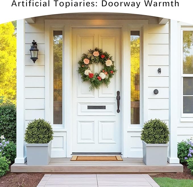 27“ Realistic Artificial Boxwood Topiary Trees Set of 2, Faux Boxwood Plants Outdoor UV-Resistant, No Maintenance Curb Appeal Fake Evergreen Bushes & Shrubs for Front Porch Outside Planter Decor-VerdiqueGarden