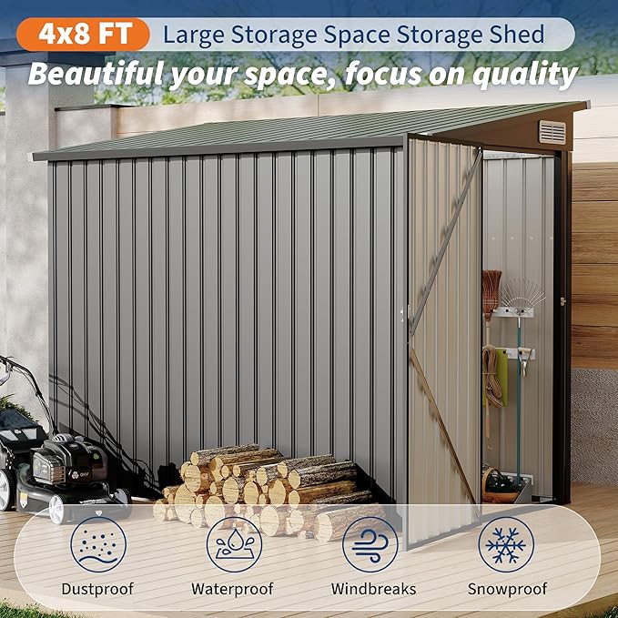 4x8 FT Metal Outdoor Lean to Storage Shed, Lean to Garden Shed Utility Tool Shed, Heavy-Duty Outdoor Metal Wall Side Storage Sheds-VerdiqueGarden