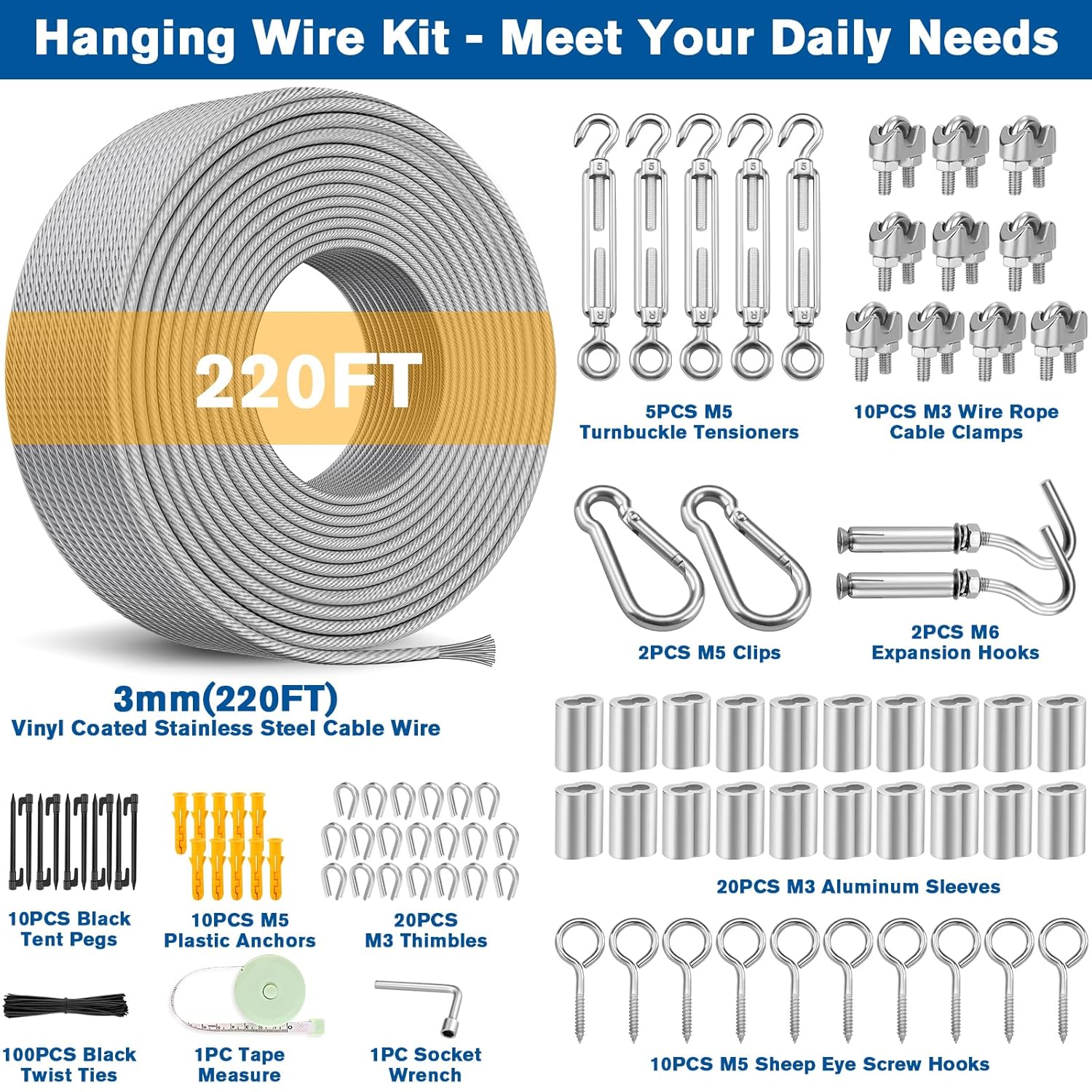 220FT 1/8" Wire Rope Kit - 304 Stainless Steel Cable with Turnbuckles for Cables Wire, Vinyl Coated Hanging Wire for Outdoor String Lights, Camping, Garden Trellis, Hanging Clothes, Pictures, Curtain-VerdiqueGarden