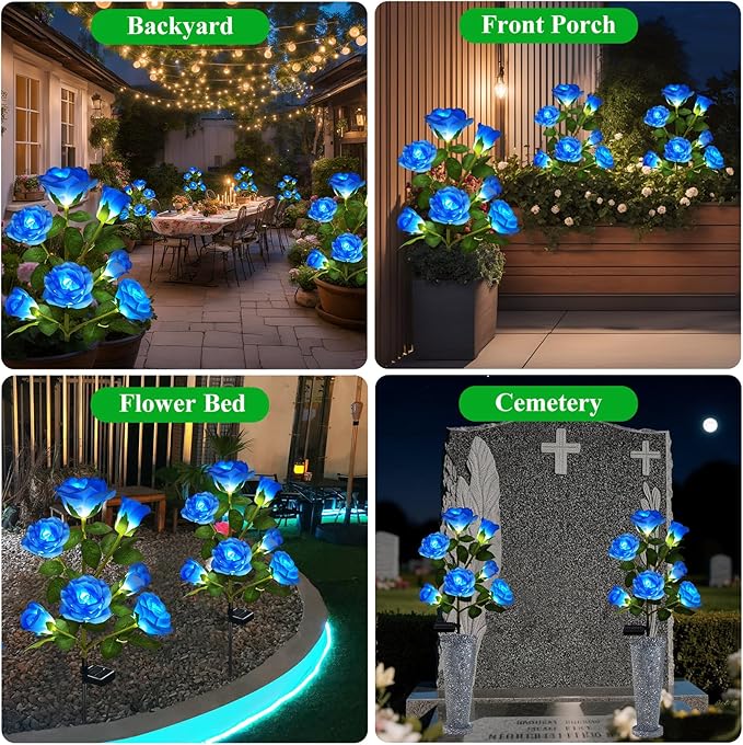 DWH 2 Pack Solar Garden Lights Outdoor, 7-Flower Rose LED Stake Light for Yard Patio Pathway Lawn Fence Cemetery, Blue-VerdiqueGarden