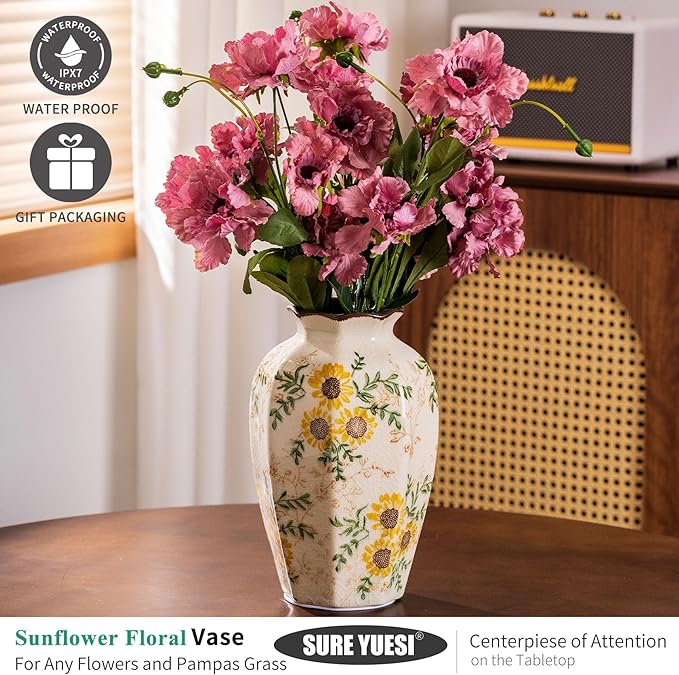 Hand-Painted Sunflower Vintage Ceramic Octagonal Vase, Green Yellow Beige Flower Vases for Bouquet, Fireplace Mantle, Table Centerpieces, Bookshelf, Office, Chinoiserie Floral Home Decorations 9.1 in-VerdiqueGarden