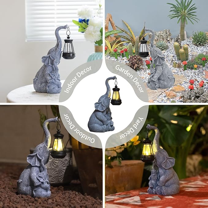 Solar Garden Elephant Statue Outdoor Decor, Cute Elephant Figurines Waterproof Garden Decor with Solar Lantern, Small Elephant Decor for Garden Yard Art Lawn Porch, Garden Gifts for Women (Elephant)-VerdiqueGarden