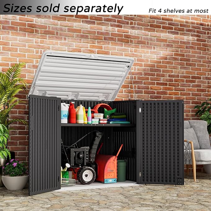Resin Outdoor Storage Shed, 38 cu.ft Outdoor Storage Box Waterproof for Garden Tools, Patio Furniture, Trash Cans, Garage Storage, Lockable (Black)-VerdiqueGarden