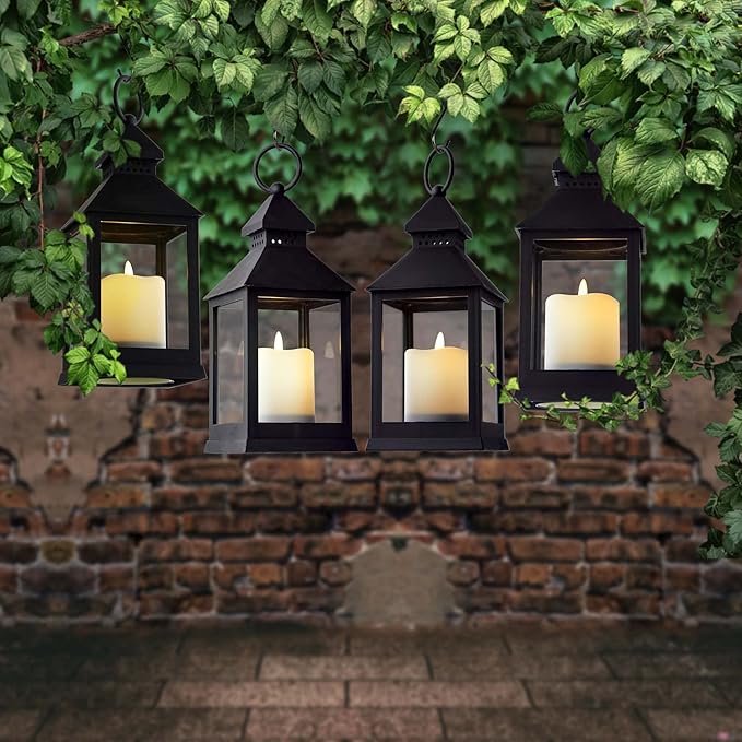 Vintage Lantern Decorative LED Flickering Flameless Candle with Timer, Battery Powered LED Decorative Hanging Lanterns for Indoor Outdoor Garden Yard Home Decor(4 Pack)-VerdiqueGarden