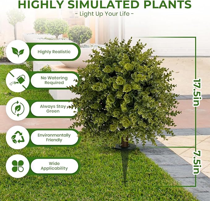 ICX 2 Set 25" Artificial Eucalyptus Topiary Ball Trees with Ground Spike,Artificial Plants Outdoor,Fake Bushes & Shrubs for Porch, Garden, Front Porch Decor - Indoor/Outdoor Faux Plants-VerdiqueGarden