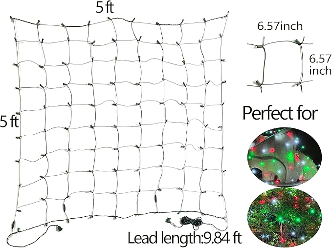 HISHINY Christmas Net Lights Outdoor for Bushes,100LED 5X5ft Connectable Bush Yard Mesh Shrub Net Light Decorations for Party, Holiday, Wedding, Tree,Home Decor(Red White Green)-VerdiqueGarden