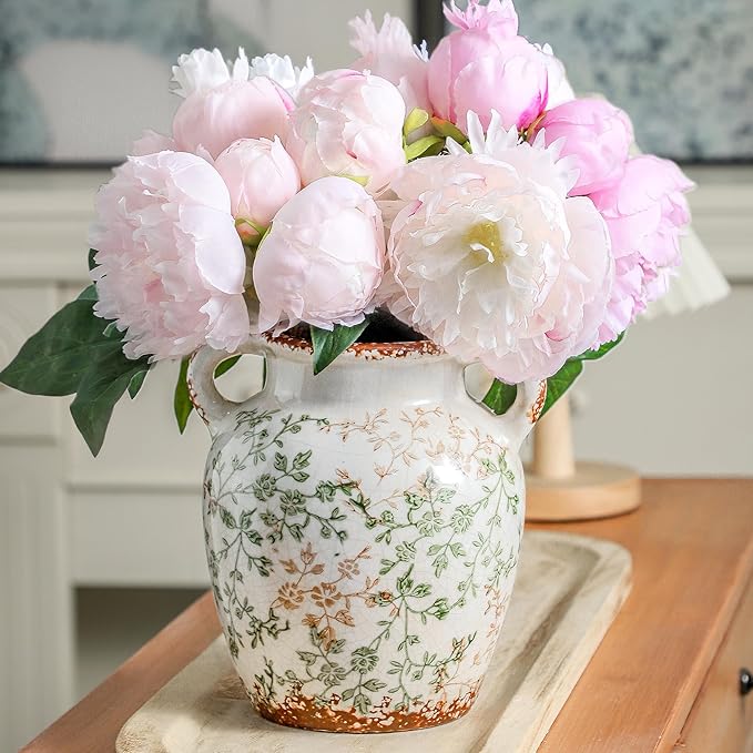 Enra Vintage vase,7.8 Inch Green and Beige Ceramic Decorative Flower vase, Chinoiserie Floral Vase,Large Rustic Vases for Home Decors, Living Room, Bookshelf, Office-VerdiqueGarden