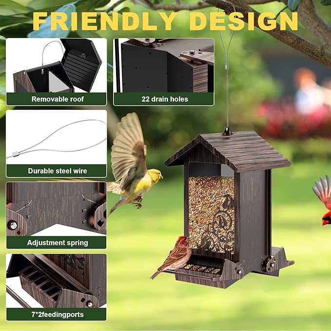 Squirrel Proof Bird Feeder for Outdoor Hanging,Metal Bird Seed Feeder with Bilateral Weight Activated Perches,5LB Large Capacity Wild Bird Feeders for Outside,Easy Refill and Clean,Brown-VerdiqueGarden