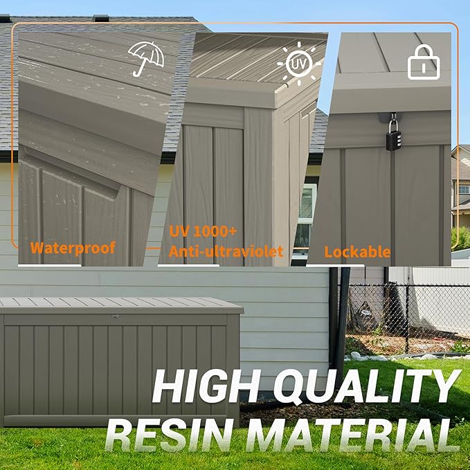 NUNU LAB 230 Gallon Large Resin Deck Box, Waterproof Outdoor Storage Box, Lockable Storage Bin for Patio Furniture, Garden Tools, Pool Accessories, UV-Resistant & All-Weather, Grey-VerdiqueGarden