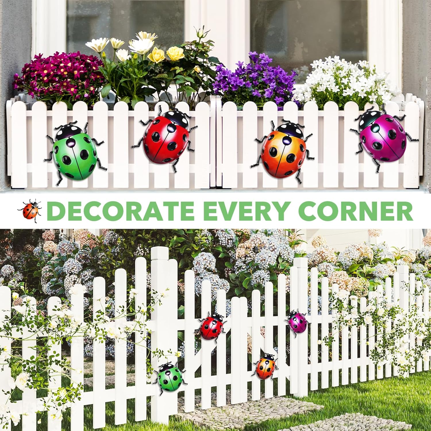 ULENDIS 4 PCS Cute Metal Ladybugs Wall Art Decor, 6.3 Inch Large Outdoor Wall Art Patio Fence Decorations, Colorful Yard Art Lawn Ornaments for Backyard Balcony-VerdiqueGarden