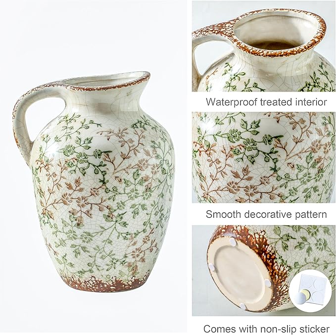 Enra Vintage vase,Ceramic Chinoiserie Floral Vase,Green and Beige Decorative Flower vase,Large Rustic Vases for Home Decors, Living Room, Bookshelf, Office，9.7 inch-VerdiqueGarden