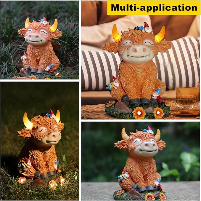 Solar Garden Statue Highland Cow Figurine with Funny Gnomes Garden Outdoor Decor for Yard Patio Lawn Christmas Housewarming Gifts for Women,Mom,Grandma-VerdiqueGarden