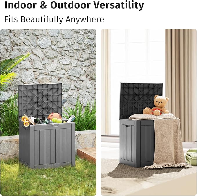 EAST OAK Outdoor Storage Box, 31 Gallon Deck Box Indoor and Outdoor Use, Waterproof Resin Storage Bin for Package Delivery, Patio Cushions, Gardening Tools, Lockable, UV Resistant, Grey-VerdiqueGarden