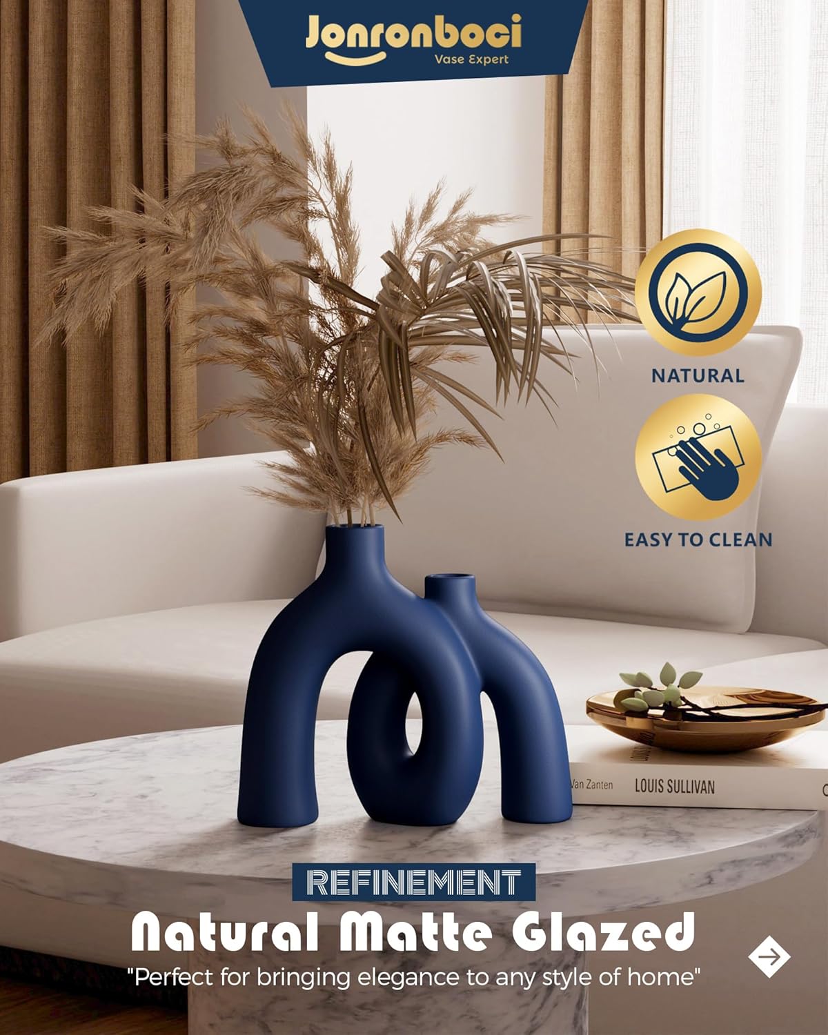 Hug Donut Decorative Vase Set - Navy Blue Vase, Modern Coastal Style Vases Home Decor, Matte Ceramic Decorations for Living Room Shelf, Bookshelf Mantle Entryway Table or Console Décor (Navy Blue)-VerdiqueGarden