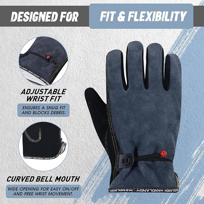 HLDD HANDLANDY Leather Work Gloves for Men & Women, Adjustable Wrist Cowhide Gardening Glove with Reinforced Palm for Driver-VerdiqueGarden
