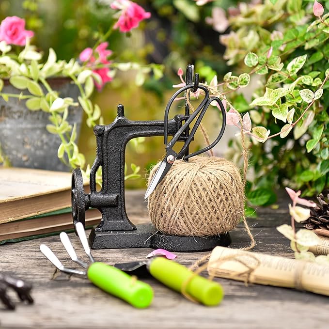 Sungmor Cast Iron Twine Holder and Scissors Set, Vintage Jute Twine Garden String Holder, Decorative Twine Dispenser with Cutter for Crafting, Gardening, Gift Wrapping, Sewing Machine Shape-VerdiqueGarden