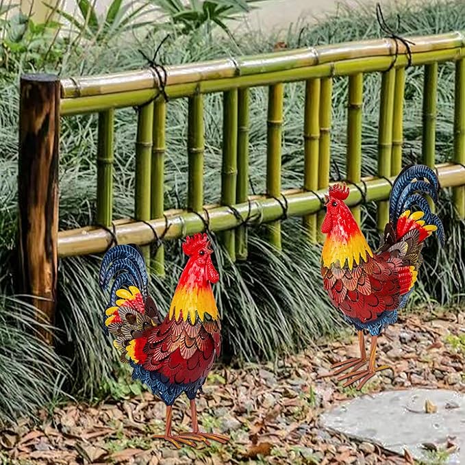 XONOR Metal Rooster Statues, Garden Chicken Decorations, Outdoor Chicken Sculpture, Metal Yard Rooster Artwork for Outdoor, Patio, Backyard and Home Kitchen Decoration (1pc, Blue Red)-VerdiqueGarden