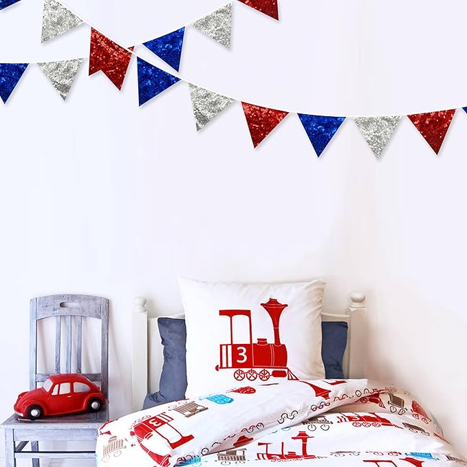 pinkblume Red Blue Silver Decorations Double Sided Sequin Fabric Triangle Pennant Banner Flag Bunting Garland for Nursery Classroom Home Bedroom Wall 4th of July American Veterans USA Holiday Decor-VerdiqueGarden