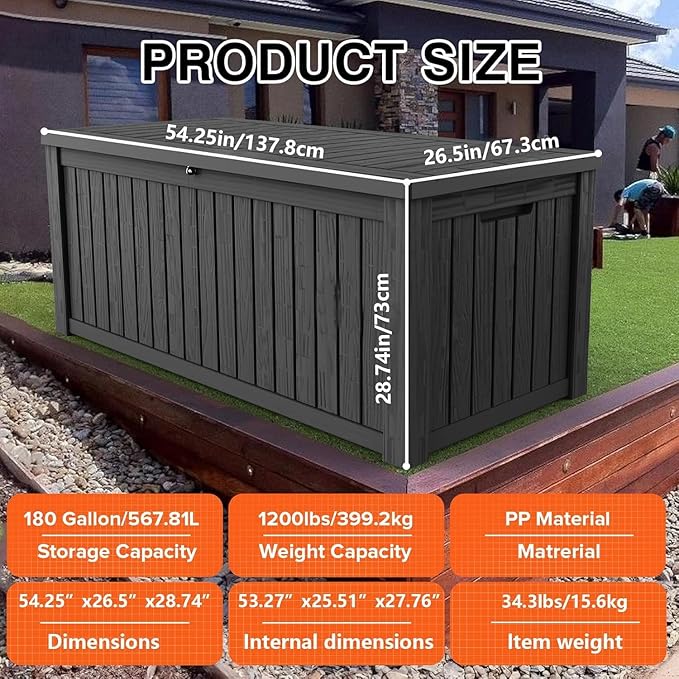 180 Gallon Resin Deck Box, Waterproof Outdoor Storage Bin for Patio Furniture, Pool Accessories, and Garden Tools, Lockable & UV-Resistant, Black-VerdiqueGarden