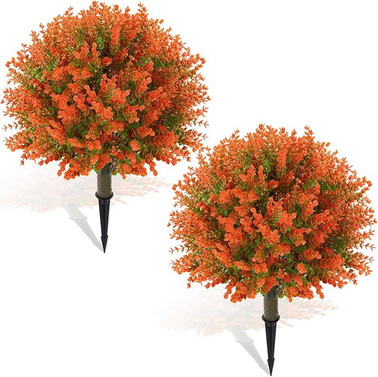 Yunlly 2 Pcs 18 Inch Fall Artificial Boxwood Ball Topiary Tree Outdoor Plants Bush, UV Resistance Faux Shrub with Spike Fall Porch Decor for Indoor Garden Yard Porch Patio Decor (Orange)-VerdiqueGarden