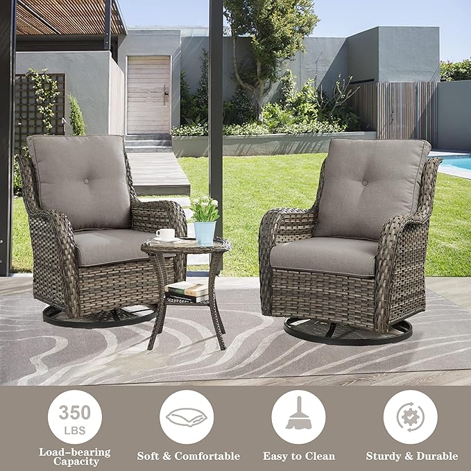 5 Pieces Patio Furniture Sets Wicker Outdoor Furniture, Rattan Patio Swivel Glider Chairs with 2 Ottoman and Glass Side Table-VerdiqueGarden
