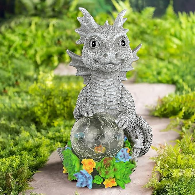 Solar Garden Outdoor Statues Dragon Holding Magic Orb with Solar LED Lights - Lawn Decor Outdoor Statue for Patio, Balcony, Yard Ornament,Unique Gifts for Mom Grandma-VerdiqueGarden