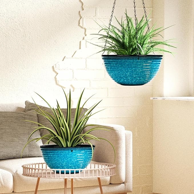 10 Inch Hanging Planter, 2 Pack Hanging Planters for Indoor Outdoor Plants Self Watering Hanging Pots with Drainage Holes for Garden Home (Snowflake Blue)-VerdiqueGarden