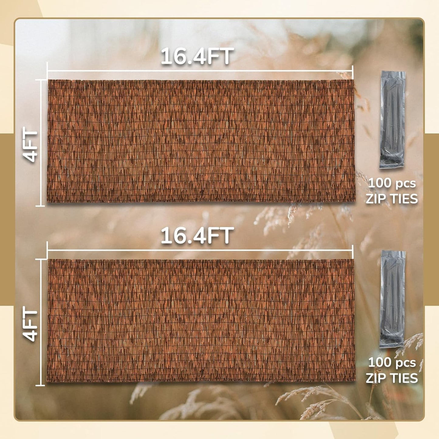 Brown 2 Pack 4FT X 16.4FT Reed Fencing Roll, Balcony Privacy Shade Reed Bamboo Fencing Garden Fence Border, Wind Block Sunshade Fence Screen for Outdoor Yard Patio Flower Bed Edge-VerdiqueGarden