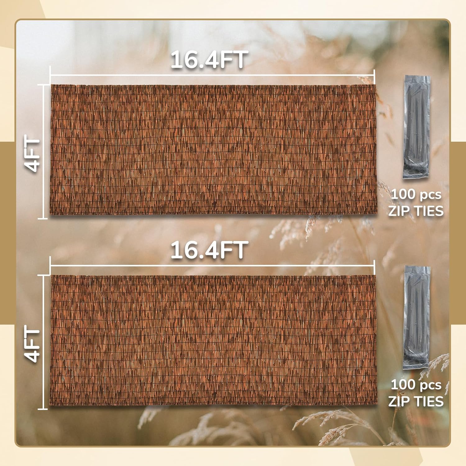 Brown 2 Pack 4FT X 16.4FT Reed Fencing Roll, Balcony Privacy Shade Reed Bamboo Fencing Garden Fence Border, Wind Block Sunshade Fence Screen for Outdoor Yard Patio Flower Bed Edge-VerdiqueGarden