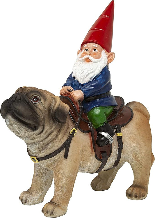 Funny Guy Mugs Garden Gnome Statue - Gnome Riding a Pug - Indoor/Outdoor Garden Gnome Sculpture for Patio, Yard or Lawn-VerdiqueGarden
