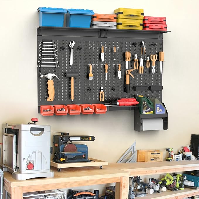 TORACK Metal Pegboard Wall Organizer 4ft Wide, Tool Storage Pegboard System for Garage with Accessories, Wall Mount Storage Bins, Shelves, Peg board Tool Organizer Kit for Workbench(Black)-VerdiqueGarden