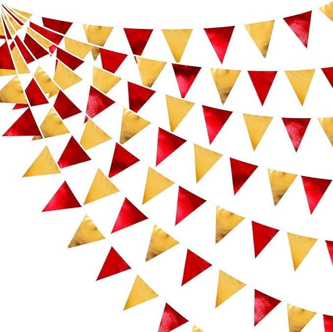 Red Gold Party Decorations Metallic Fabric Triangle Pennant Banner Flag Bunting Garland for Graduation Birthday Wedding Bachelorette Anniversary Baby Shower Christmas Holiday New Year Party Supplies-VerdiqueGarden