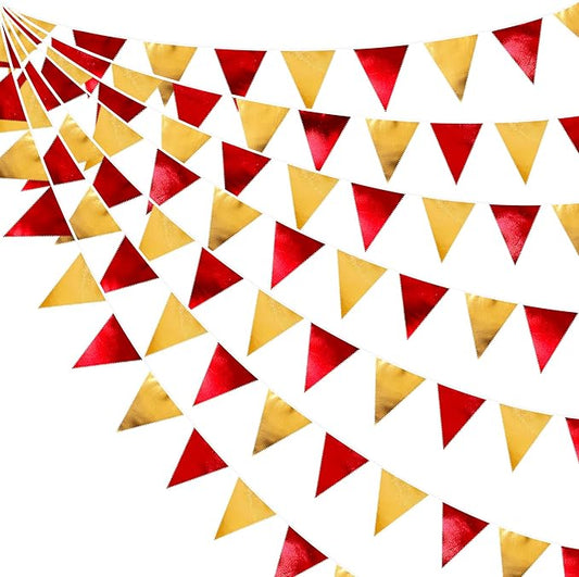 Red Gold Party Decorations Metallic Fabric Triangle Pennant Banner Flag Bunting Garland for Graduation Birthday Wedding Bachelorette Anniversary Baby Shower Christmas Holiday New Year Party Supplies-VerdiqueGarden