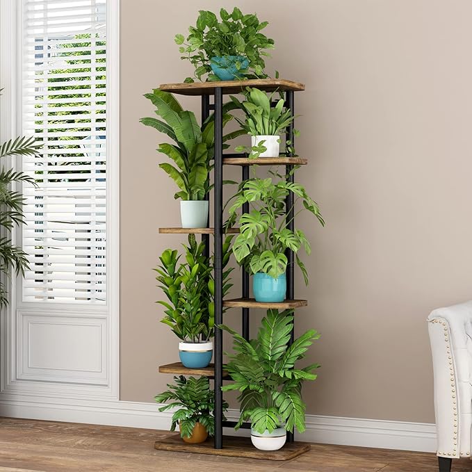 LINZINAR Plant Stand 6 Tier 7 Plant Multiple Flower Rack Holder Shelves Rack Storage Organizer Display Indoor Planter for Balcony Bedroom Patio Garden Living Room, Black-VerdiqueGarden