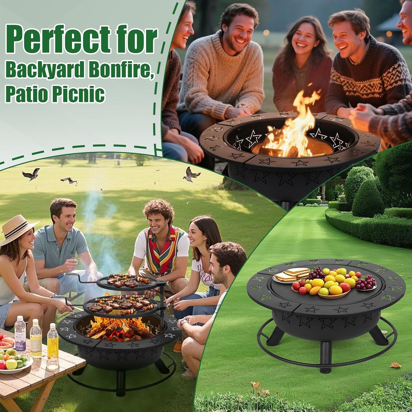 32.5" 3-in-1 Fire Pit Table with Dual Grills – Wood Burning Firepit for Outside Cooking, BBQ Grate & Round Patio Table – Includes Charcoal Pan, Log Rack,Poker & Lid for Backyard, Garden-VerdiqueGarden