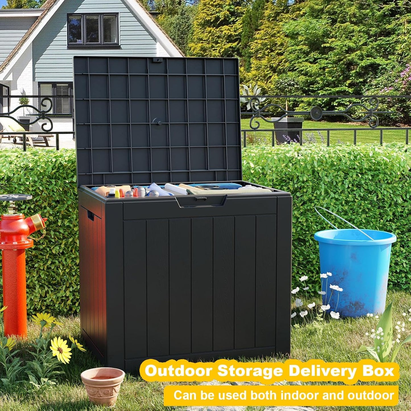 30 Gallon Outdoor Storage Box, UV Resistant Outdoor Storage Box Waterproof, Lockable Resin Deck Box for Garden Tools Equipment and Cushions, Black-VerdiqueGarden