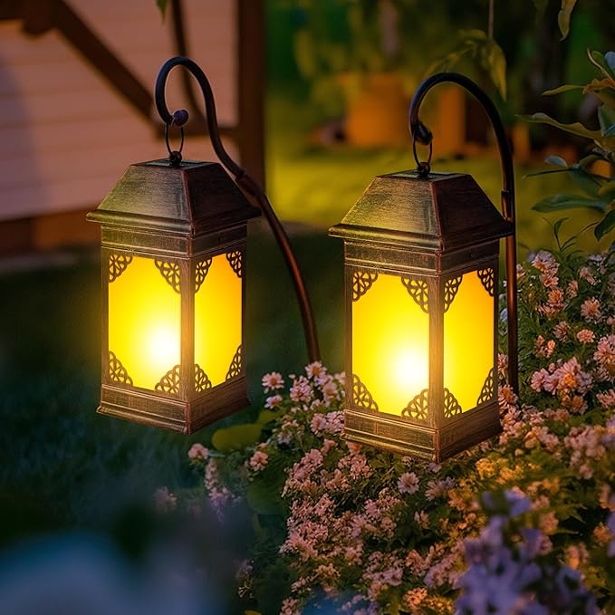 14" Solar Lanterns Outdoor Waterproof, Glass Flickering Flame Solar Lantern, Hanging Metal Lantern Decorative for Patio Front Porch Garden Backyard Tabletop Party Decoration-VerdiqueGarden