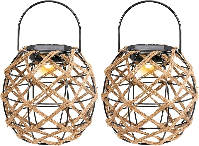 HPC Decor 2 PK Solar Lanterns-Outdoor Waterproof, Hemp Rope, Hanging Outdoor, Round Lamp Boho Decor for Garden, Yard, Patio, Porch, Pathway.-VerdiqueGarden