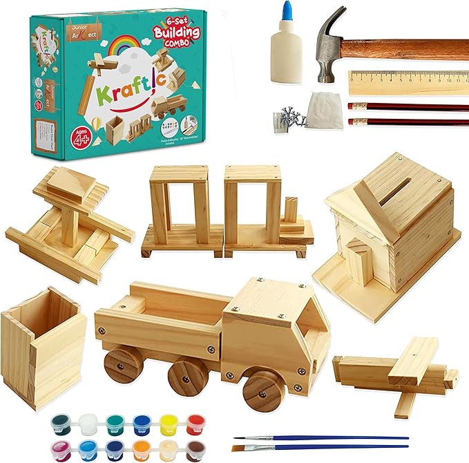 Kraftic Woodworking Building Kit for Kids and Adults, with 6 Educational Arts and Crafts DIY Carpentry Construction Wood Model Kit Toy Projects for Boys and Girls-VerdiqueGarden