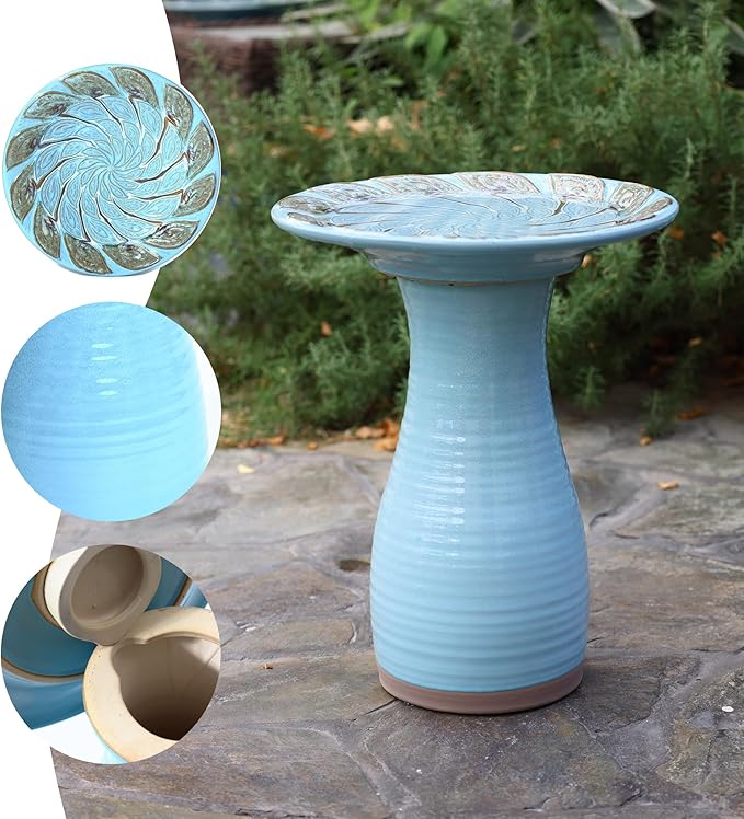 LuxenHome 20 Inch Ceramic Bird Bath for Outside, Elegant Tall Outdoor Bird Bath, Lightweight Pedestal Glazed Birdbaths for Outdoors with Leaf Pattern, Sky Blue-VerdiqueGarden