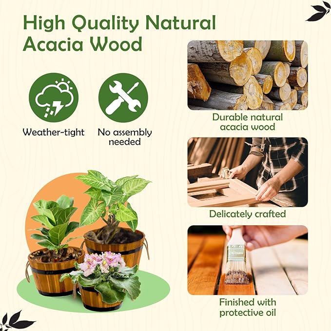 IDZO Set of 3 Wooden Flower Boxes Outdoor, Durable Acacia Wood Barrel Planters for Outdoor Plants with Ergonomic Handles, Drainage Holes, Multiple Sizes Wood Bucket Planter for Home Décor-VerdiqueGarden