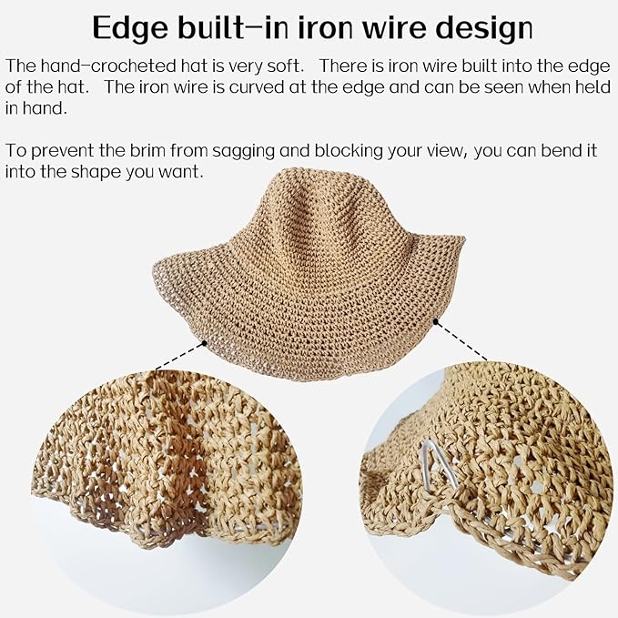 Womens Straw Beach Sun Hats, Foldable Packable Floppy Handmade Crochet Hats for Women,Large Summer Vacation Wide Brim Hat-VerdiqueGarden