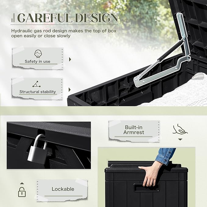 Greesum 100 Gallon Resin Deck Box Large Outdoor Storage with Cushions for Patio Furniture, Garden Tools, Pool Supplies, Weatherproof and UV Resistant, Lockable, Black-VerdiqueGarden