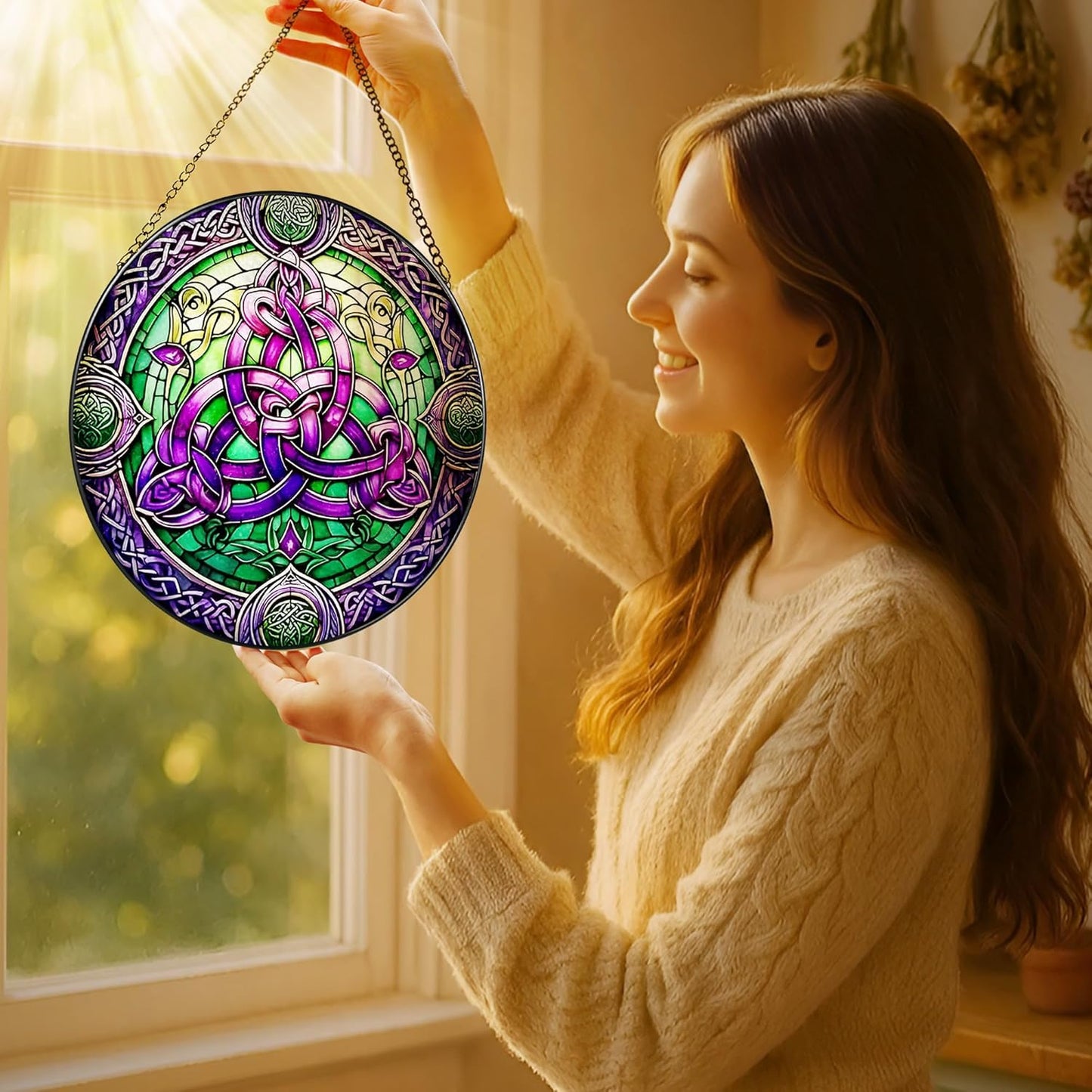 Stained Glass Window Hanging, LAOWEIKI 8'' Celtic Knot Suncatcher, Stained Glass Ornament, Suncatchers for Windows Hanging, Window Decor, Outdoor or Indoor, Gifts for Friends, Women, Art Lover-VerdiqueGarden