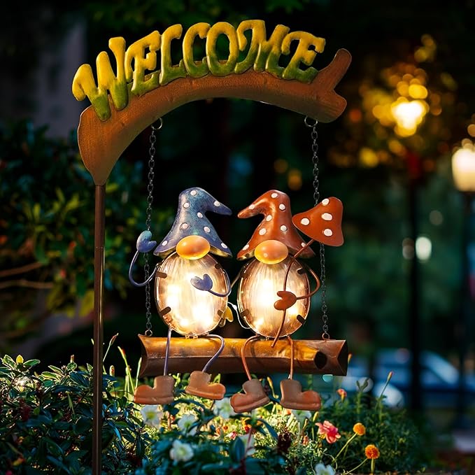 HONGLAND Solar Lights Outdoor Decor, Gnomes Swing Garden Decor, Funny Gifts for Women Mom, Gnomes Outdoor Decorations with Welcome Sign for Front Porch Patio-VerdiqueGarden