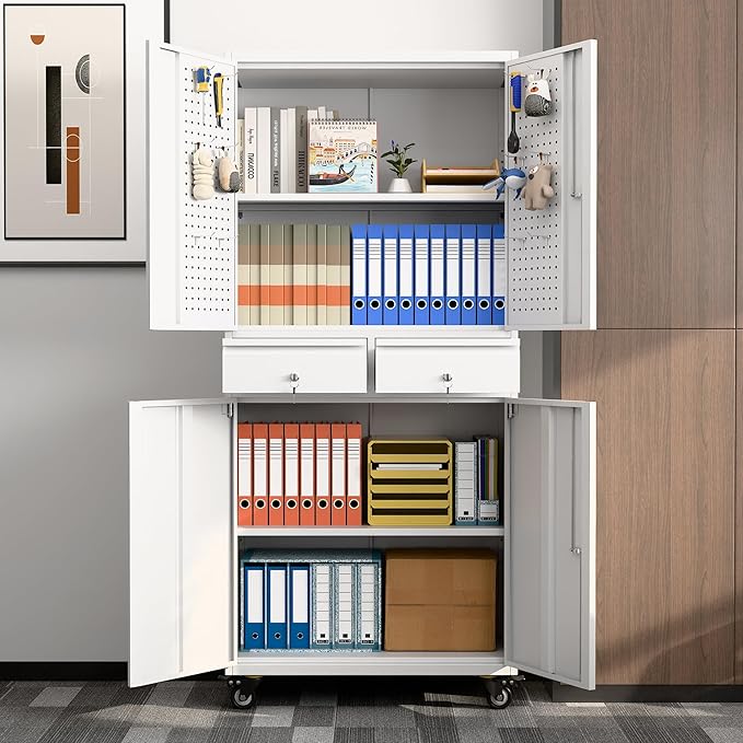 Metal Garage Storage Cabinet with Locking Doors and 2 Adjustable Shelves, Rolling Tool Storage Cabinet with 4 Wheels and 2 Drawer for Garage, Warehouse, White, Assembly Required-VerdiqueGarden