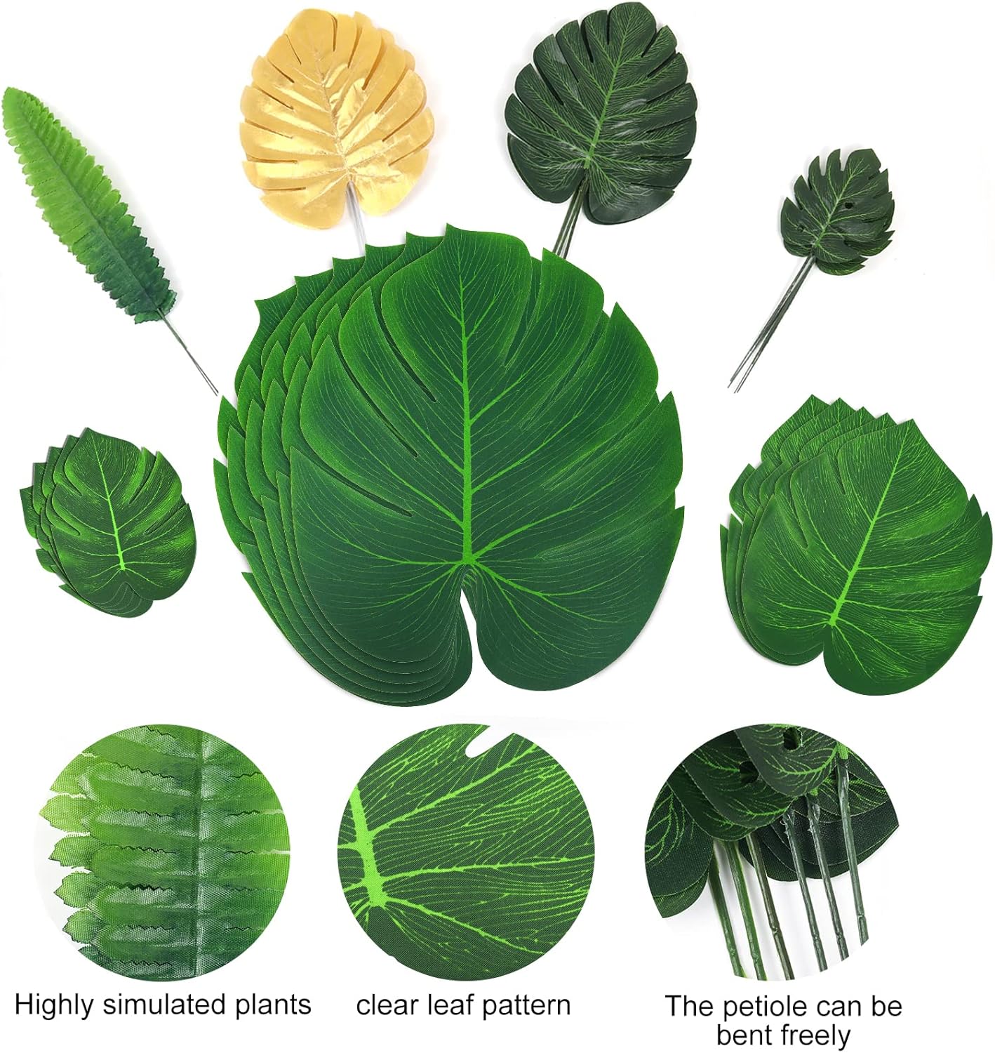 RECUTMS Artificial Tropical Palm Leaves 72Pcs 7 Kinds Green Gold Fake Monstera Leaf with Stem for Safari Jungle Hawaiian Luau Beach Baby Shower Wedding Birthday Party Table Summer Spring Decoration-VerdiqueGarden